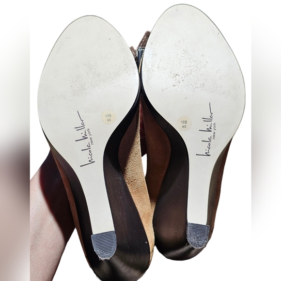 Nicole Miller Suede Leather Wedge Heel Peep-toe Pumps, Size 10, EUC Beige Camel - Picture 12 of 14